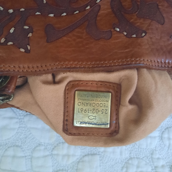 CAMPOMAGGI Small 'Aurora' shopping bag in cognac leather and floral raster New - Picture 10 of 11